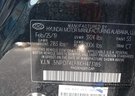 2019 Hyundai Elantra Se z USA, uszkodzony, nr VIN 5NPD74LF8KH473185